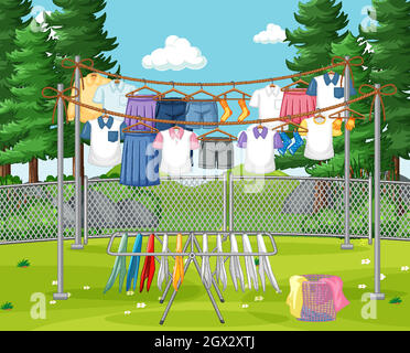 Clothes hanging on line in the yard Stock Vector