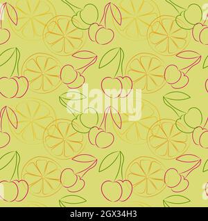 Seamless pattern with fruits cherries and lemon drawing in outline style Stock Vector