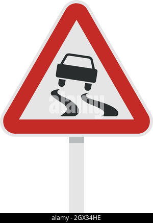 Slippery when wet road sign icon, flat style Stock Vector