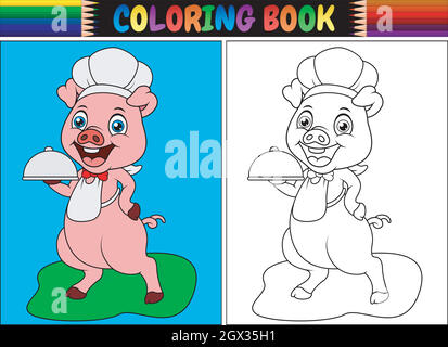 Coloring book with pig chef cartoon Stock Vector