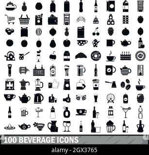 100 beverage icons set in simple style Stock Vector
