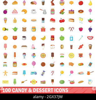 100 candy and dessert icons set, cartoon style Stock Vector