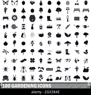100 gardening icons set in simple style Stock Vector