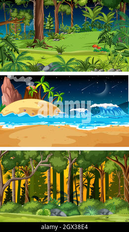 Three different nature horizontal scenes Stock Vector