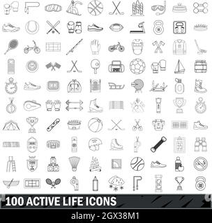 100 active life icons set, outline style Stock Vector