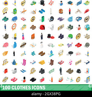 100 clothes icons set, isometric 3d style Stock Vector