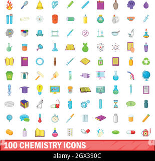 100 chemistry icons set, cartoon style Stock Vector