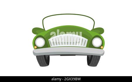 Car. Cartoon comic funny style. Front view. Green Automobile. Auto in flat design. Cabriolet. Childrens illustration. Isolated on white background Stock Vector