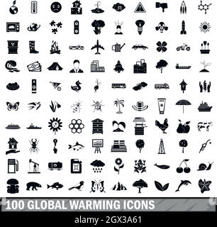 100 global warming icons set in simple style Stock Vector