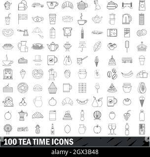 100 tea time icons set, outline style Stock Vector