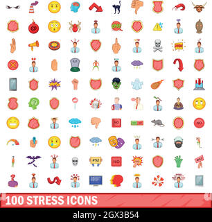 100 stress icons set, cartoon style Stock Vector