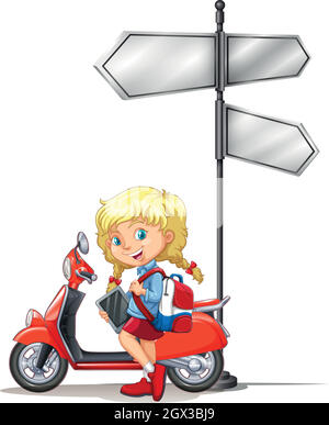 Little girl and motorcycle next to the sign Stock Vector