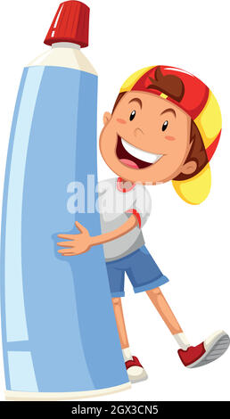 Boy holding large toothpaste Stock Vector