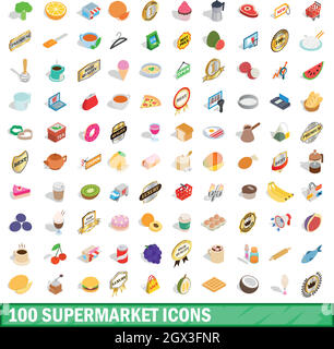 100 supermarket icons set, isometric 3d style Stock Vector