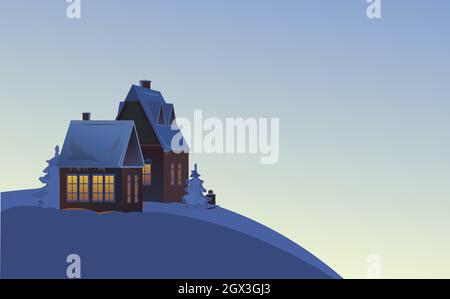 Rural small house in winter. Landscape. Christmas night. Quiet winter evening. The gable roof is covered with snow. Nice and cozy suburban village Stock Vector