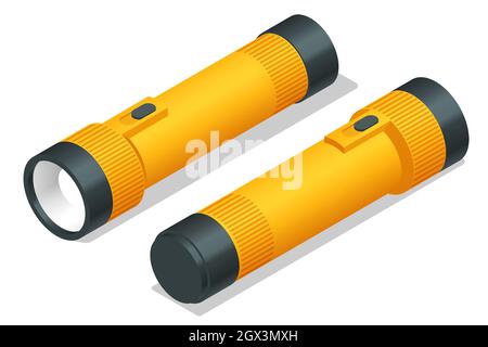 Isometric yellow plastic torch flashlight isolated on white background. Light source for individual use. Stock Vector