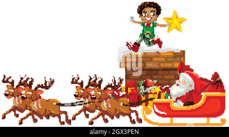 Santa Claus on sleigh with reindeer and elf Stock Vector