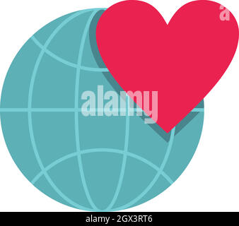 Earth world globe with heart icon, flat style Stock Vector