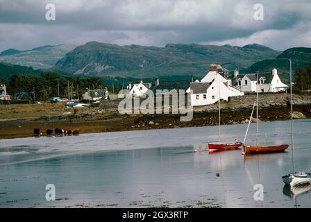 The highland village of Plockton, Sutherland, Scotland with view of Loch Carron and cattle on the shore, Sailing boats in the foreground and mountains Stock Photo