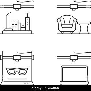 Three dimensional objects production linear icons set Stock Vector