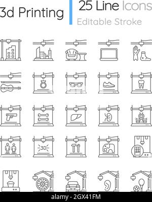 3d printing technology linear icons set Stock Vector