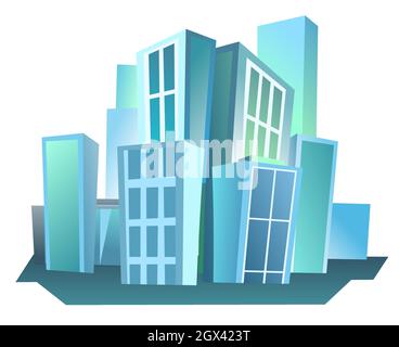 Big city from afar. Pretty skyscrapers and large buildings. Cartoon flat style illustration. Blue city landscape Cityscape. Isolated on white Stock Vector