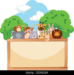 Wooden board with cute animals in background Stock Vector