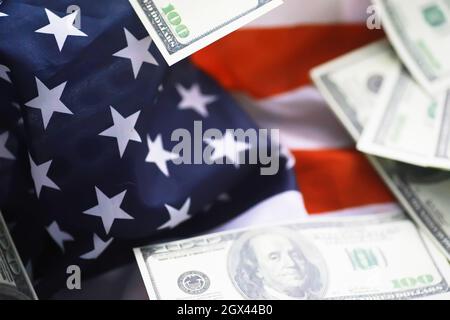 United States Law, scales of justice and American flag. Concept. Money. Stock Photo