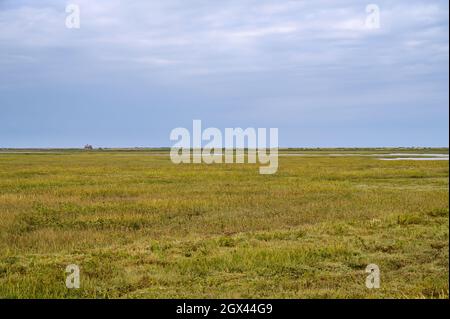 Far reaching views over Blakeney Natural Nature Reserve with Blakeney Watch House on the horizon in the distance. Norfolk, England. Stock Photo