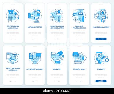 Property security blue onboarding mobile app page screen set Stock Vector