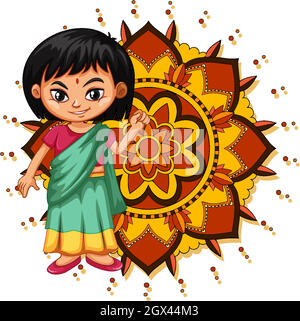 Mandala pattern design background with Indian girl smiling Stock Vector