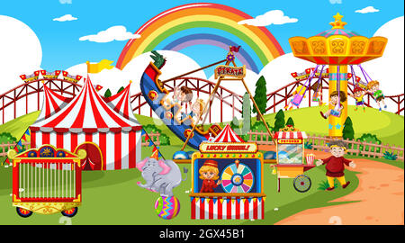 Amusement park scene at daytime with rainbow in the sky illustration Stock  Vector Image & Art - Alamy