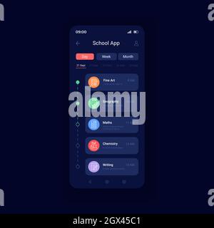 Learning courses list night mode smartphone interface vector template Stock Vector