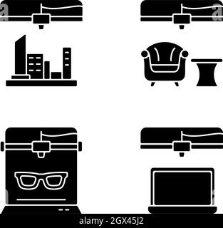 Three dimensional objects production black glyph icons set on white space Stock Vector