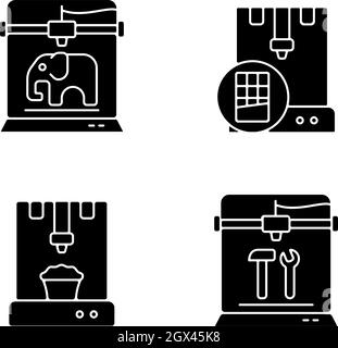 3d printed physical objects black glyph icons set on white space Stock Vector