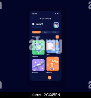 Online classes night mode smartphone interface vector template Stock Vector