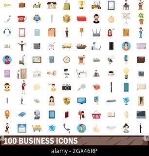 100 business icons set, cartoon style Stock Vector