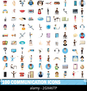 100 communication icons set, cartoon style Stock Vector