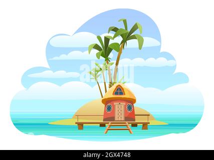 Bungalow on the island. In light calm sea. Summer seascape. Beach hut by the ocean. Isolated on white background. Palm trees and tropical plants Stock Vector