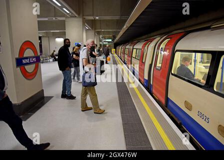 People boarding an underground train at Battersea Power Station underground station, London UK on opening day, 20th September 2021 Stock Photo