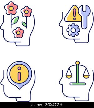 Rational and emotional mindset RGB color icons set Stock Vector