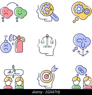 Critical mindset and attitude RGB color icons set Stock Vector