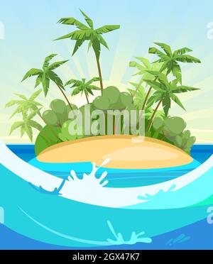 Island in the ocean. Cartoon style. Lights of sun. Blue sea. Jungle palm trees. Flat design illustration. Isolated on white background. Big waves Stock Vector