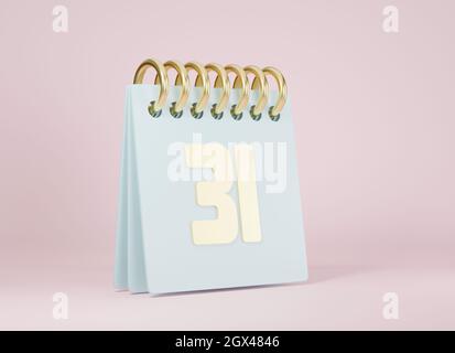 Desktop calendar against with last day year number 31, Blue standing month lined spring desk calendar and date, on pink background, design element for Stock Photo