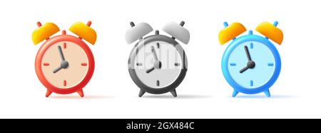 Set of 3d render icons of clock, stylized modern graphic of vintage alarm clock, isolated Stock Vector