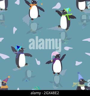 pattern funny penguins ride on ice Stock Vector