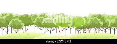 Thin young trees. Grassy green rural hills. Beautiful and graceful landscape. Isolated on white background. Flat style. Cartoon design. Seamless Stock Vector