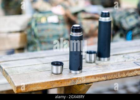 02 October 2021, North Rhine-Westphalia, Mönchengladbach: Tea bottles stand on a table at the 'Day of Encounter with the Bundeswehr' and 37th International Mönchengladbach Military Competition. Photo: Marcel Kusch/dpa Stock Photo