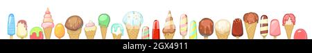 Ice cream bottom border. Set. Background illustration. In waffle glasses and cones. Popsicle on sticks. Summer food sweet dessert. Flat design. Vector Stock Vector