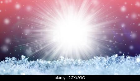 Natural snow texture with snowflakes close-up with falling snow on a background with a beautiful gradient and a glowing star on the center. Christmas Stock Photo